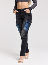 WD521 Women's Jeans Cargo Pockets with Patches for Skinny Jeans