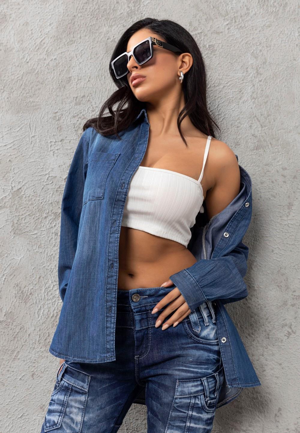 WH134 Women's denim blouse with chest pockets