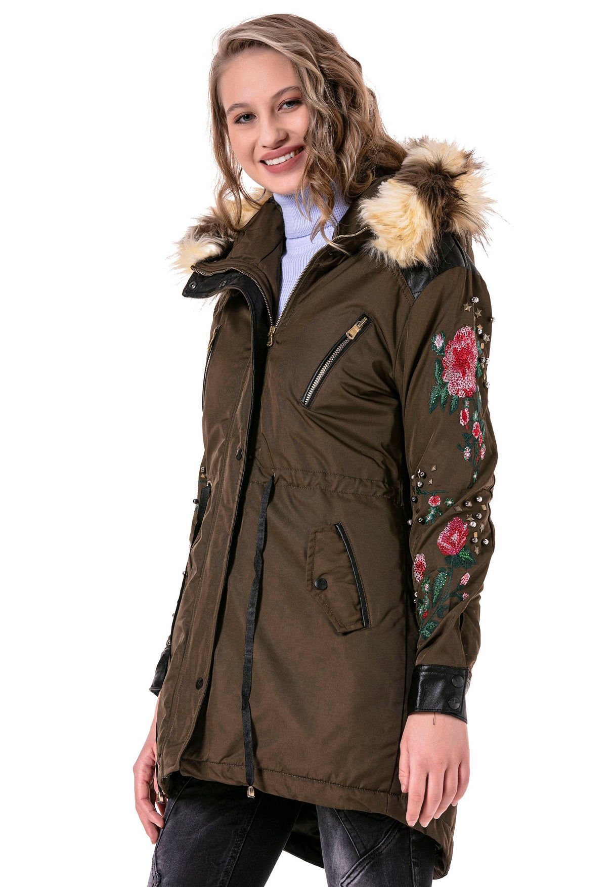 WJ136 Women's outdoor jacket with stylish faux fur hood