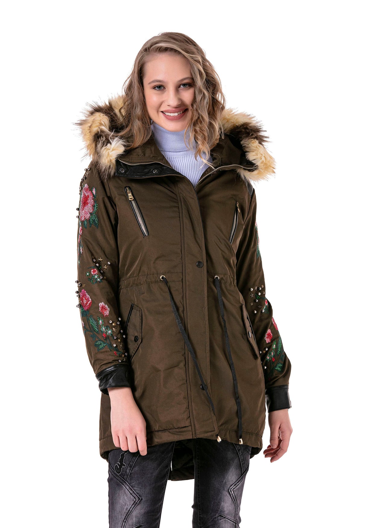 WJ136 Women's outdoor jacket with stylish faux fur hood