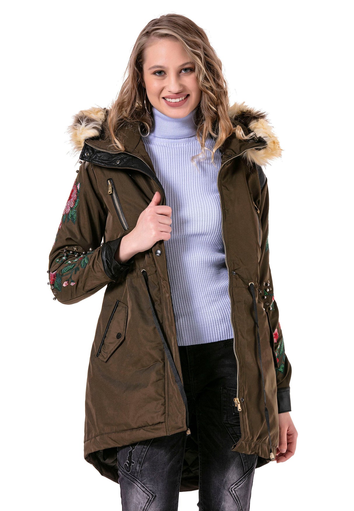 WJ136 Women's outdoor jacket with stylish faux fur hood