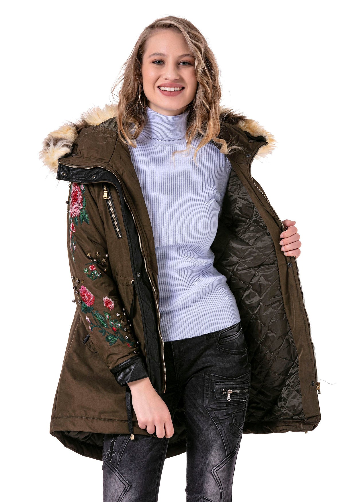WJ136 Women's outdoor jacket with stylish faux fur hood