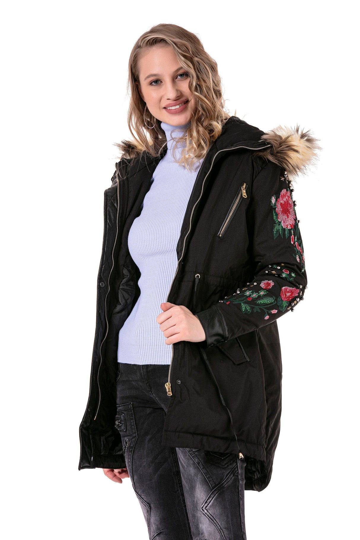 WJ136 Women's outdoor jacket with stylish faux fur hood