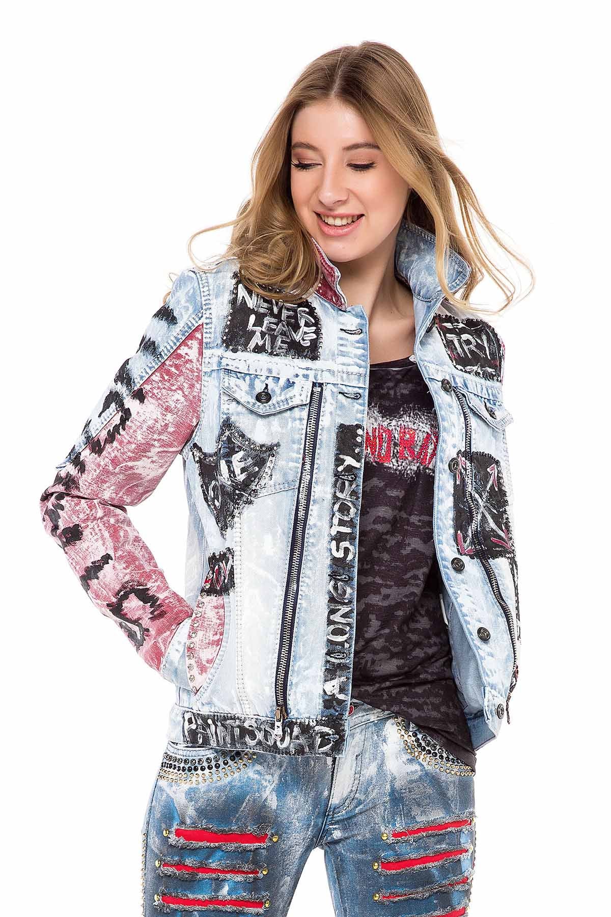 WJ162 Women's denim jacket with colorful pattern