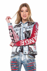WJ162 Women's denim jacket with colorful pattern
