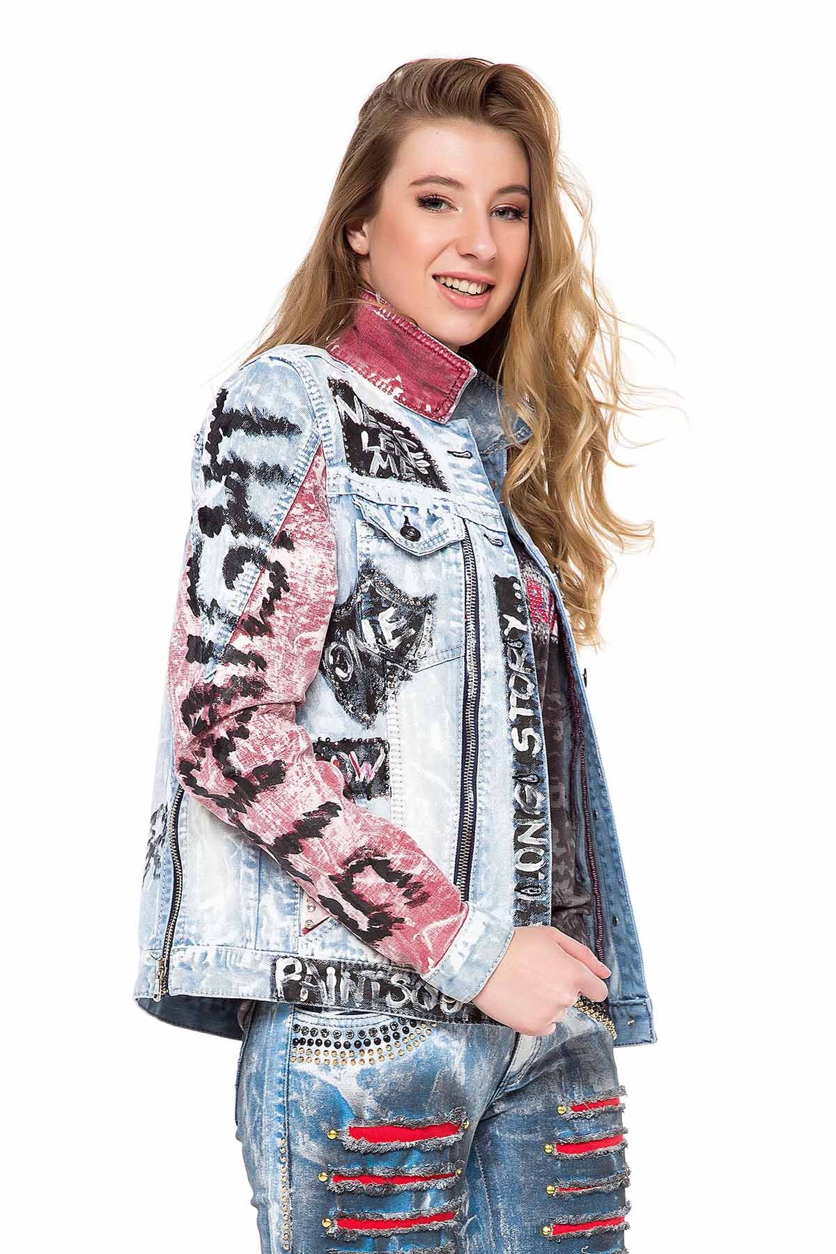 WJ162 Women's denim jacket with colorful pattern