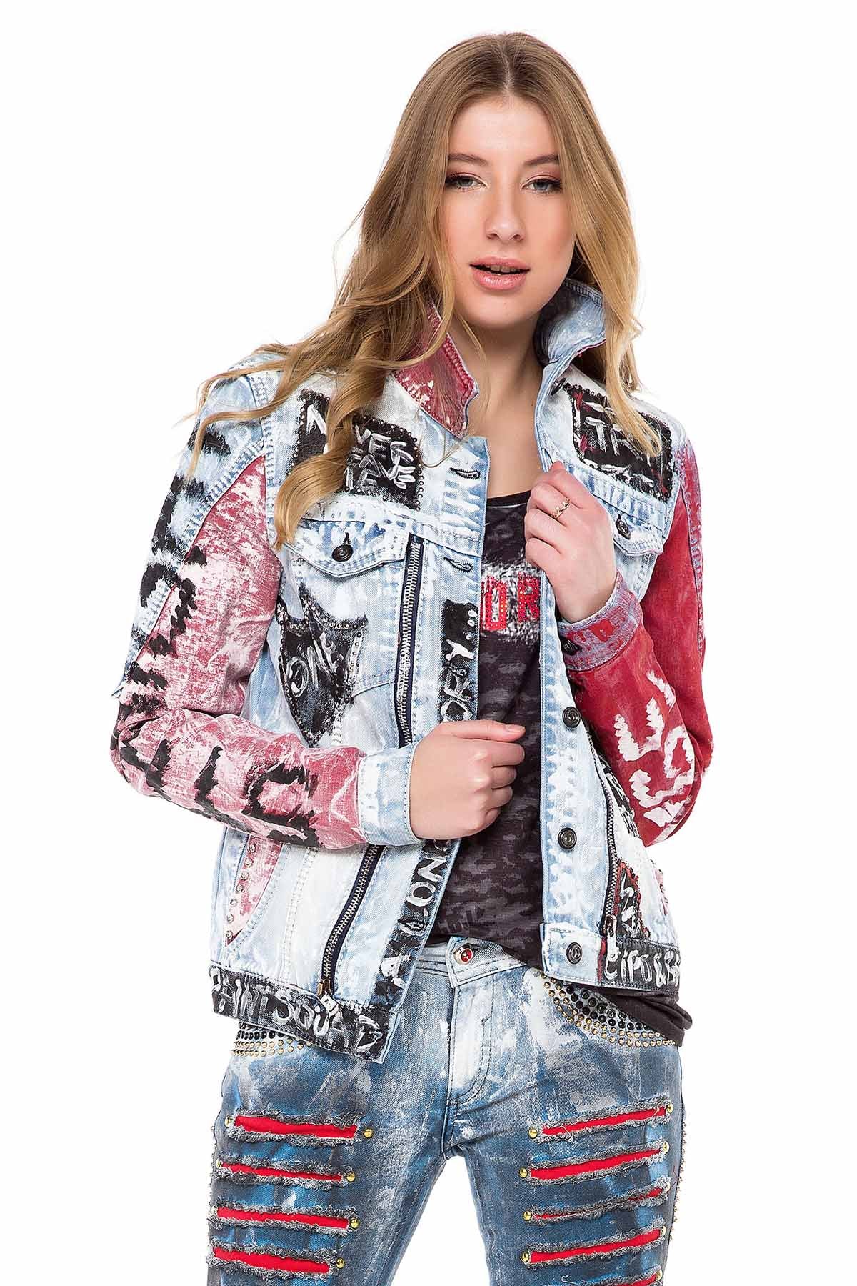 WJ162 Women's denim jacket with colorful pattern