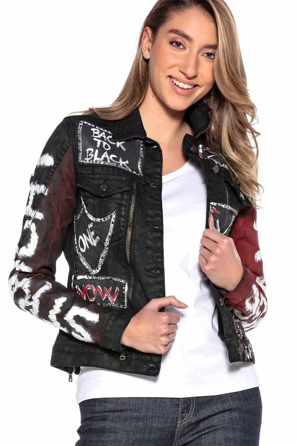 WJ172 Women's denim jacket with colorful pattern