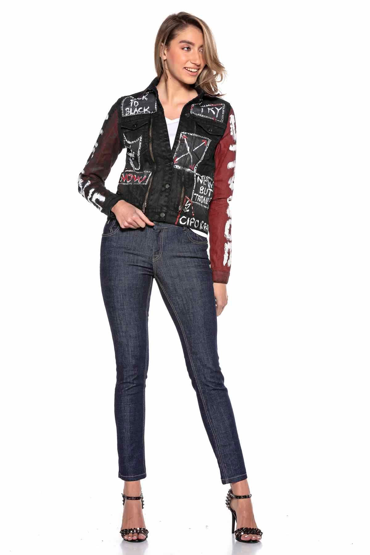 WJ172 Women's denim jacket with colorful pattern