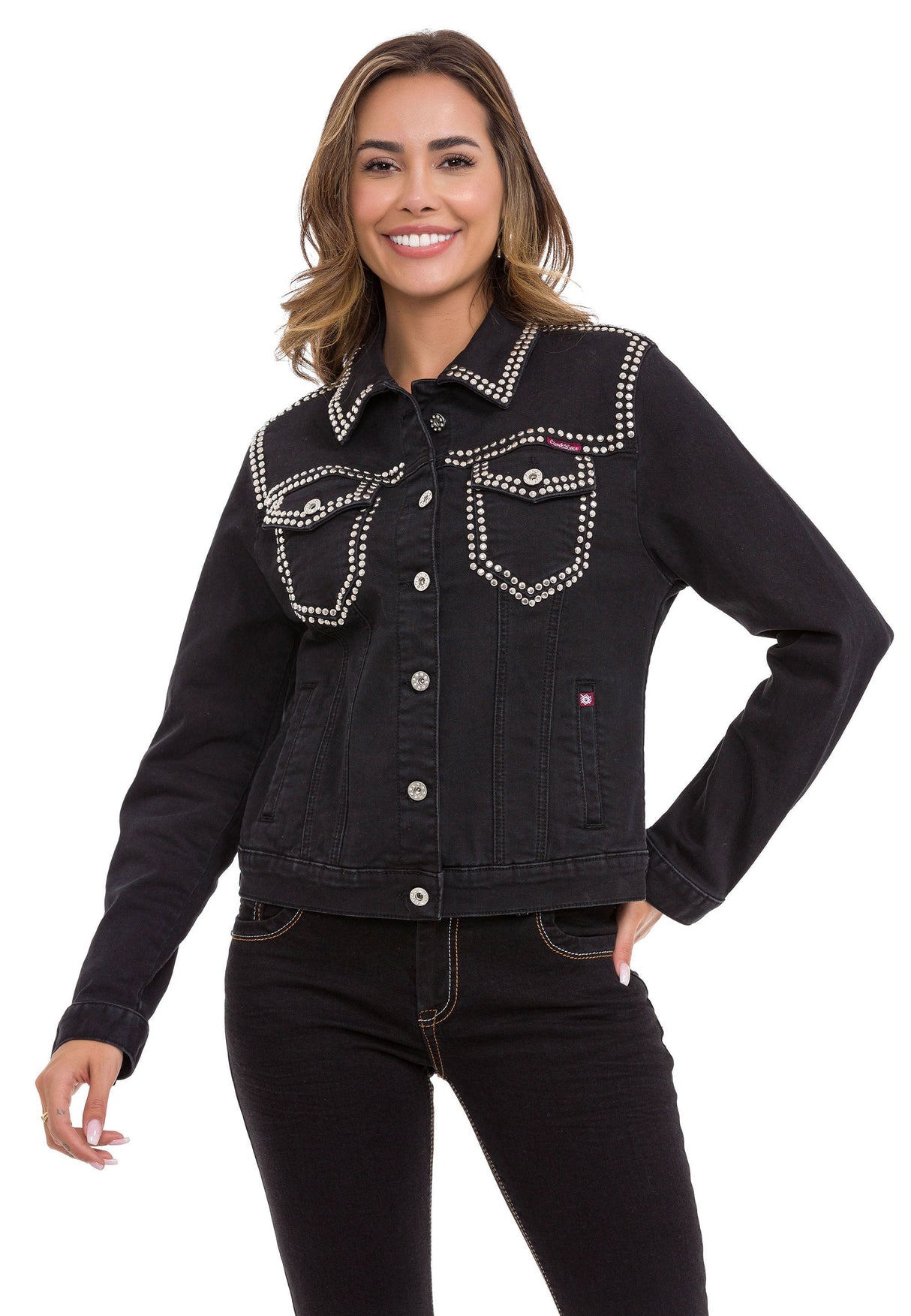 WJ213 Women's Denim Jacket with Stud Trim, Unique Denim Casual Jacket