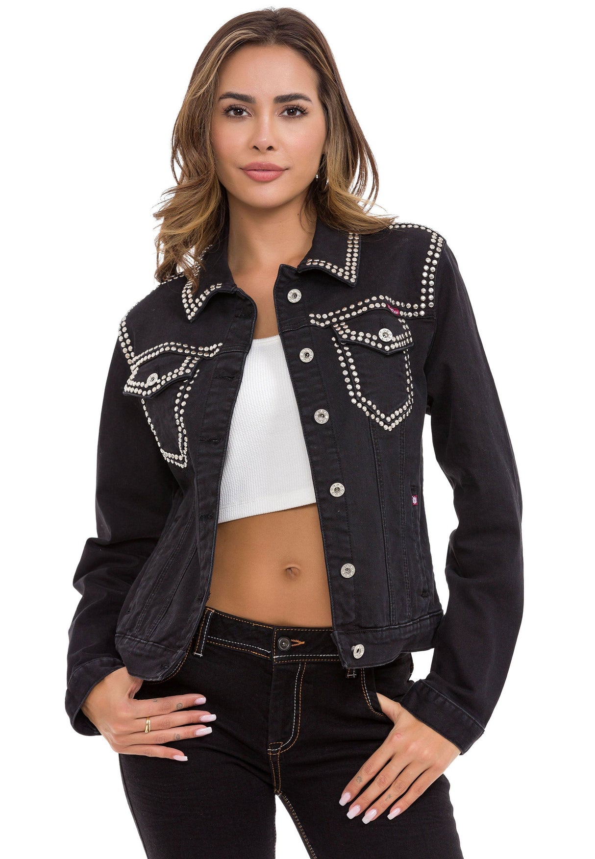 WJ213 Women's Denim Jacket with Stud Trim, Unique Denim Casual Jacket