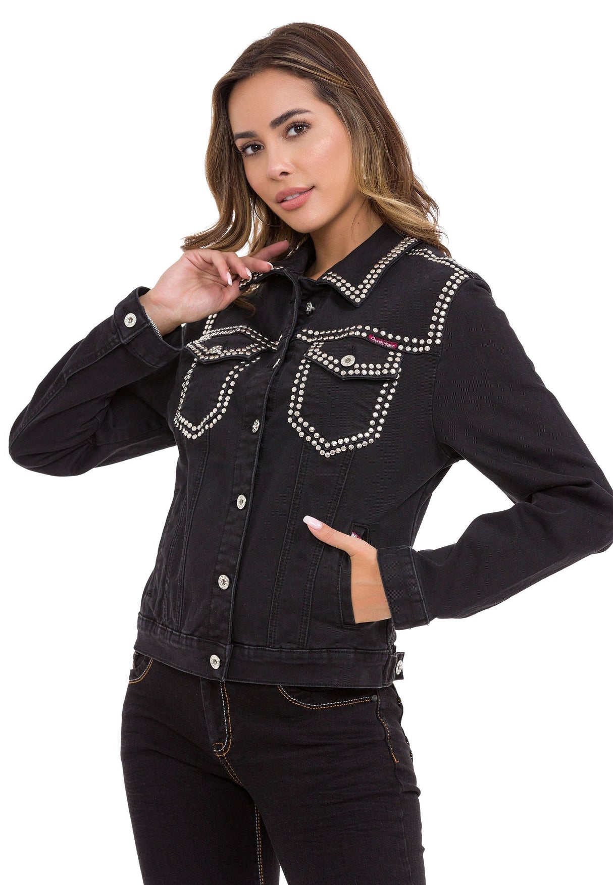 WJ213 Women's Denim Jacket with Stud Trim, Unique Denim Casual Jacket
