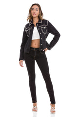 WJ213 Women's Denim Jacket with Stud Trim, Unique Denim Casual Jacket