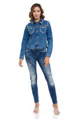 WJ213 Women's Denim Jacket with Stud Trim, Unique Denim Casual Jacket