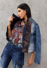 WJ228 Women's denim jacket with detailed ethnic pattern