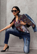 WJ228 Women's denim jacket with detailed ethnic pattern