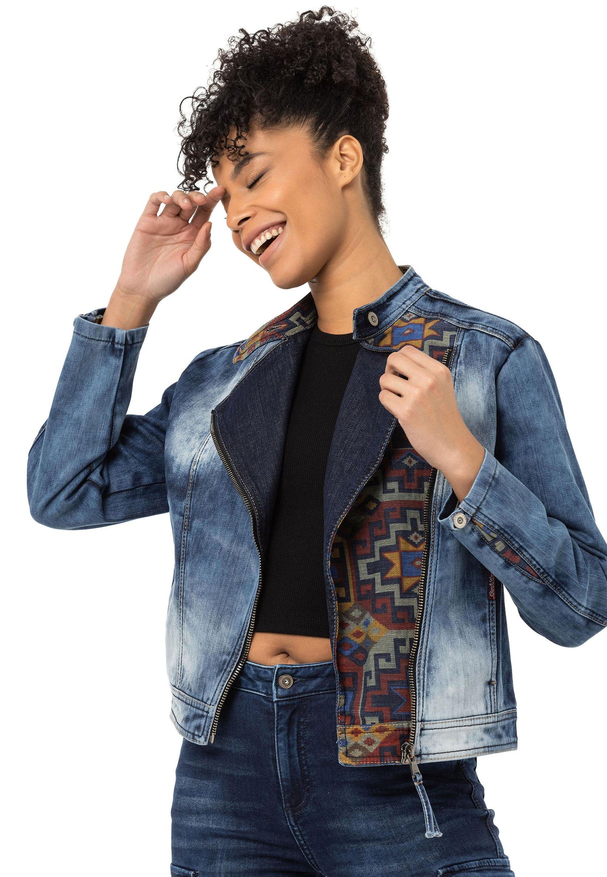 WJ228 Women's denim jacket with detailed ethnic pattern