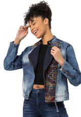 WJ228 Women's denim jacket with detailed ethnic pattern