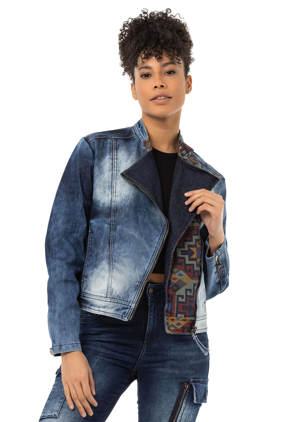 WJ228 Women's denim jacket with detailed ethnic pattern
