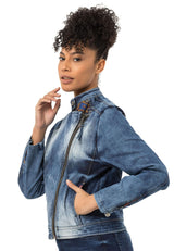 WJ228 Women's denim jacket with detailed ethnic pattern
