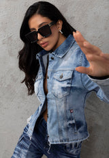 WJ229 Trendy women's denim jacket with sophisticated back design