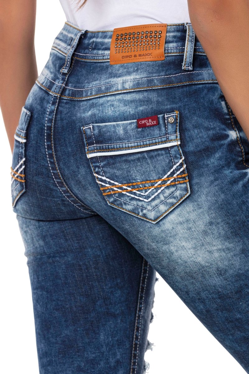 WK181 women's denim shorts with destroyed effects