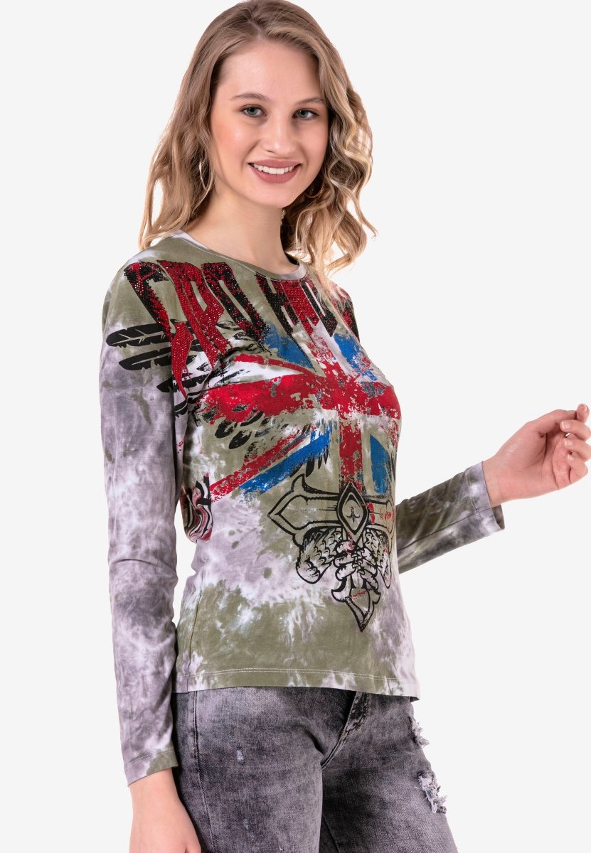 WL282 Women's long-sleeved shirt with trendy rhinestones