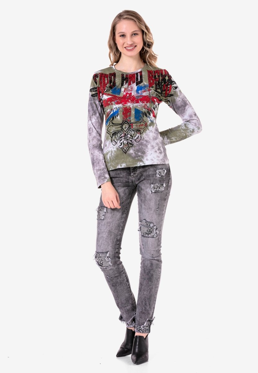 WL282 Women's long-sleeved shirt with trendy rhinestones