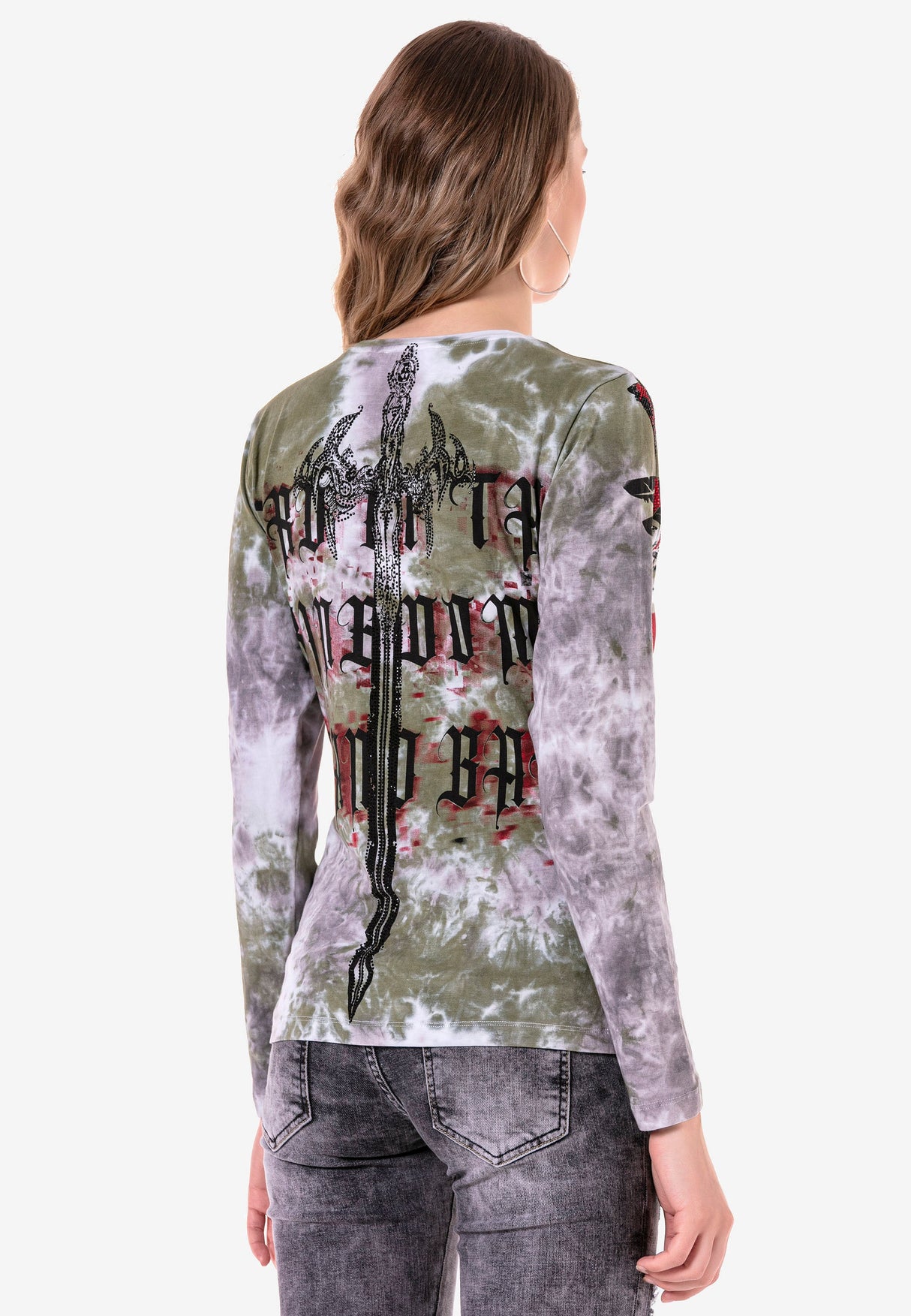 WL282 Women's long-sleeved shirt with trendy rhinestones