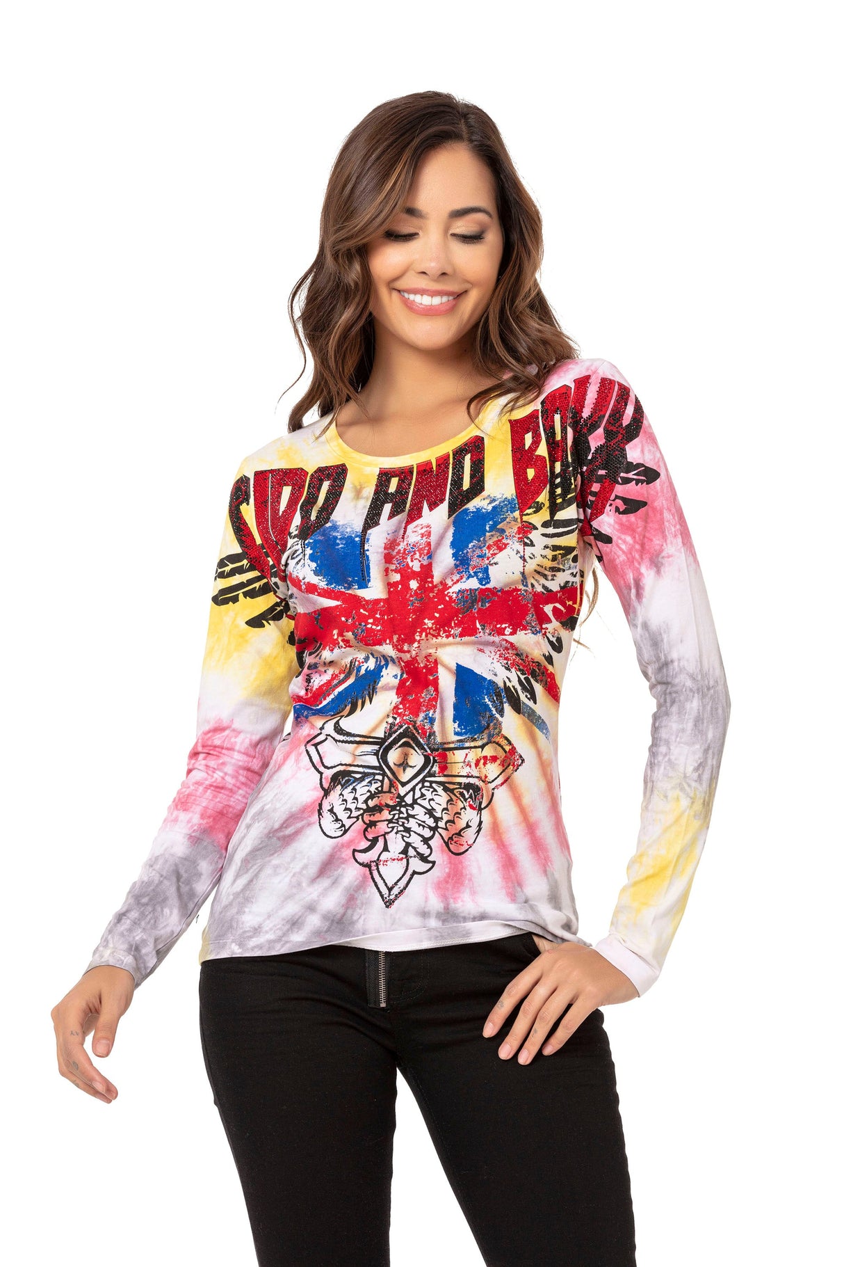 WL282 Women's long-sleeved shirt with trendy rhinestones