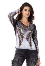 WL353 Women's long-sleeved shirt with cool all-over print and rhinestones