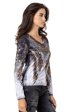 WL353 Women's long-sleeved shirt with cool all-over print and rhinestones