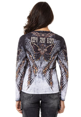 WL353 Women's long-sleeved shirt with cool all-over print and rhinestones