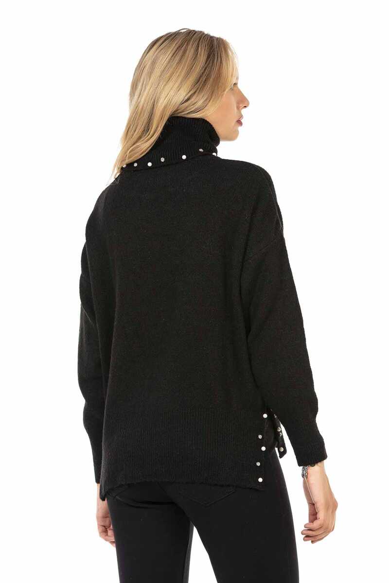 WP217 Women's roll-neck sweater with fashionable pearl appliqués