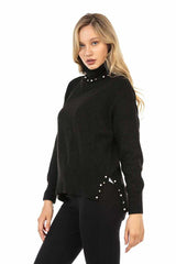 WP217 Women's roll-neck sweater with fashionable pearl appliqués