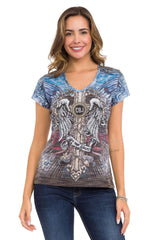 WT339 Women's T-shirt with winged cross and rhinestone pattern