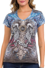 WT339 Women's T-shirt with winged cross and rhinestone pattern