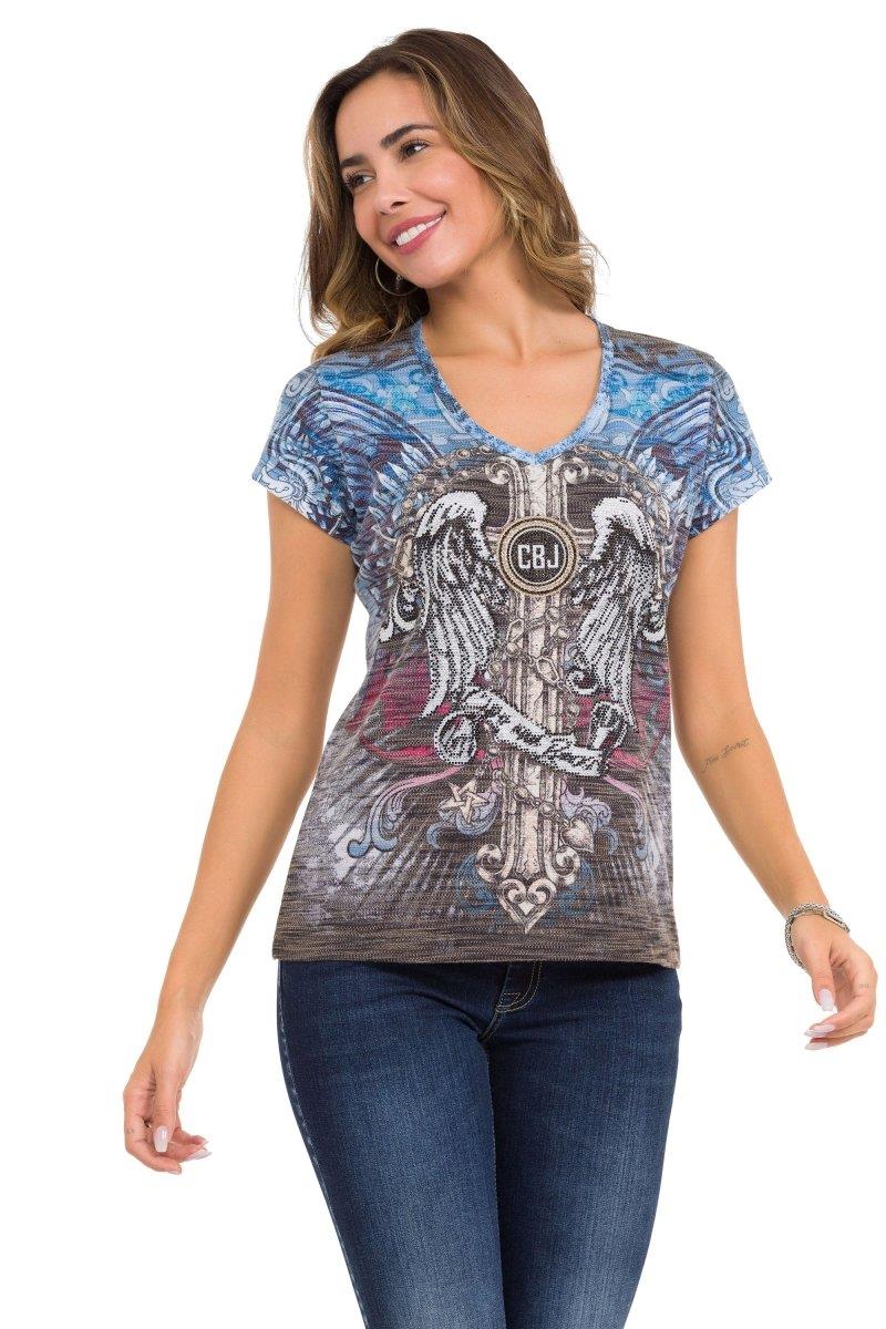 WT339 Women's T-shirt with winged cross and rhinestone pattern