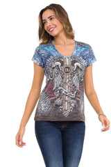 WT339 Women's T-shirt with winged cross and rhinestone pattern