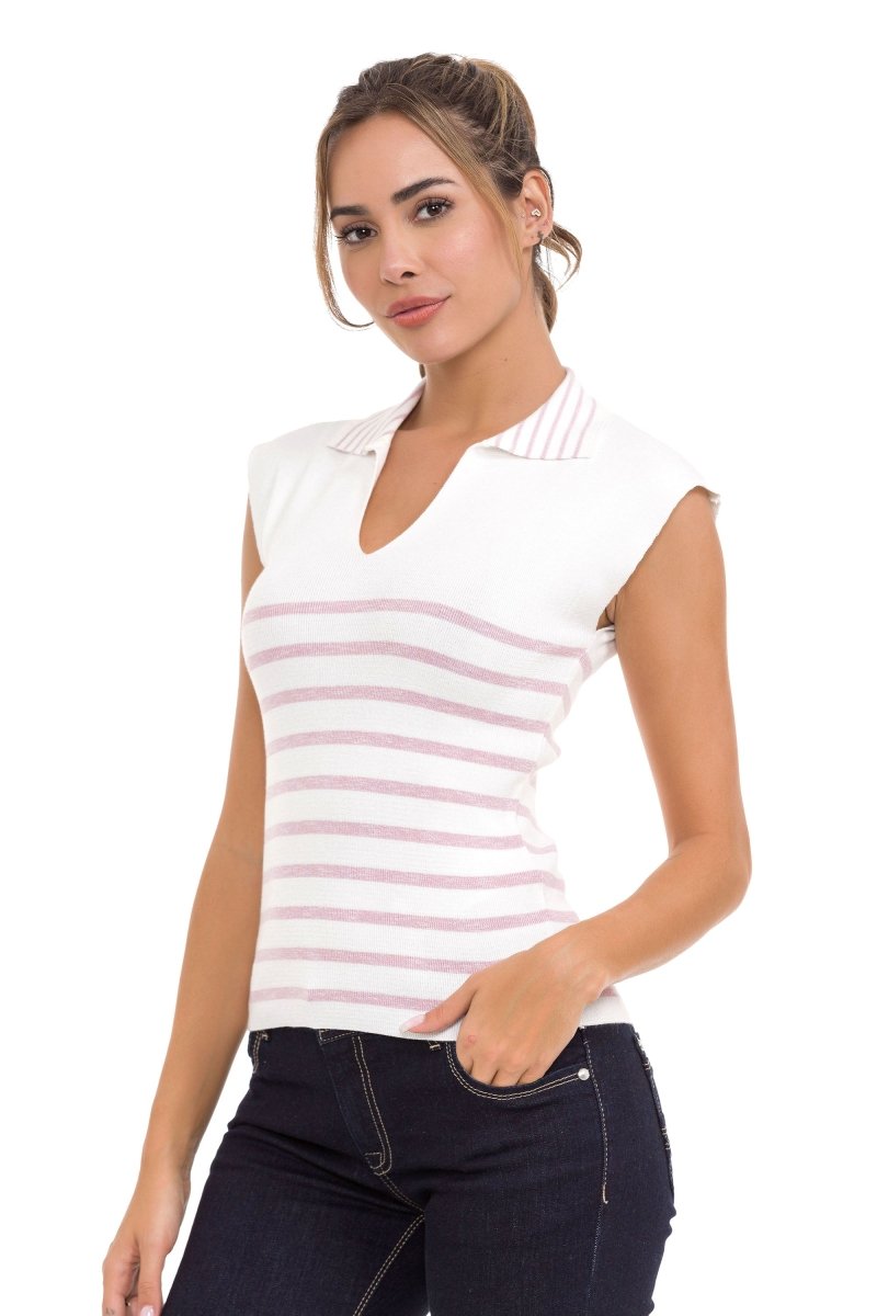 WT353 Women's T-Shirt Polo Collar Striped Knitwear