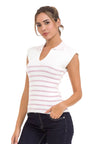 WT353 Women's T-Shirt Polo Collar Striped Knitwear