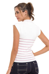WT353 Women's T-Shirt Polo Collar Striped Knitwear