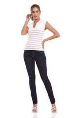 WT353 Women's T-Shirt Polo Collar Striped Knitwear