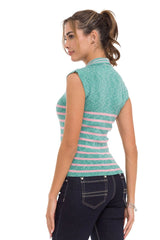WT353 Women's T-Shirt Polo Collar Striped Knitwear
