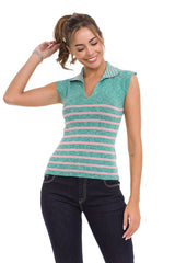 WT353 Women's T-Shirt Polo Collar Striped Knitwear