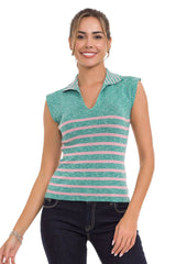 WT353 Women's T-Shirt Polo Collar Striped Knitwear