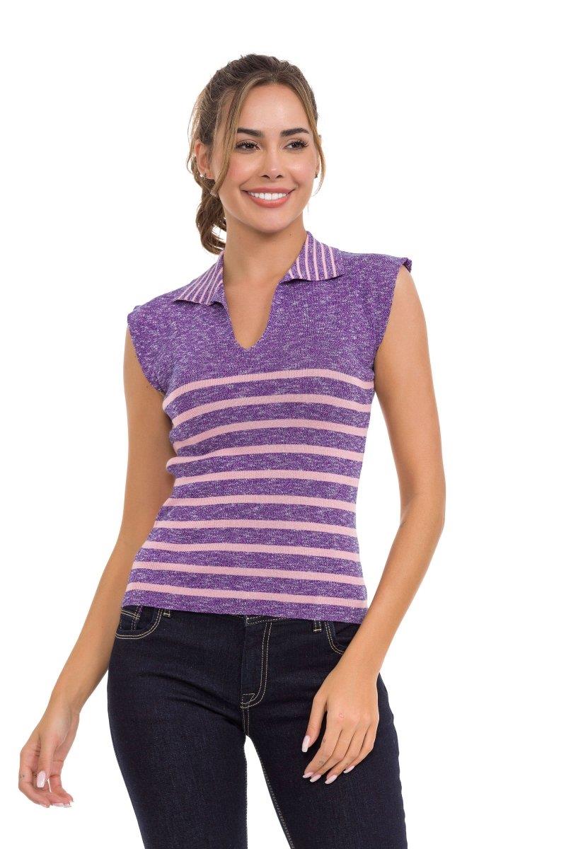 WT353 Women's T-Shirt Polo Collar Striped Knitwear