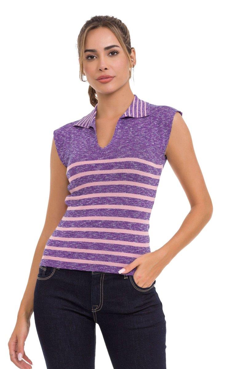 WT353 Women's T-Shirt Polo Collar Striped Knitwear