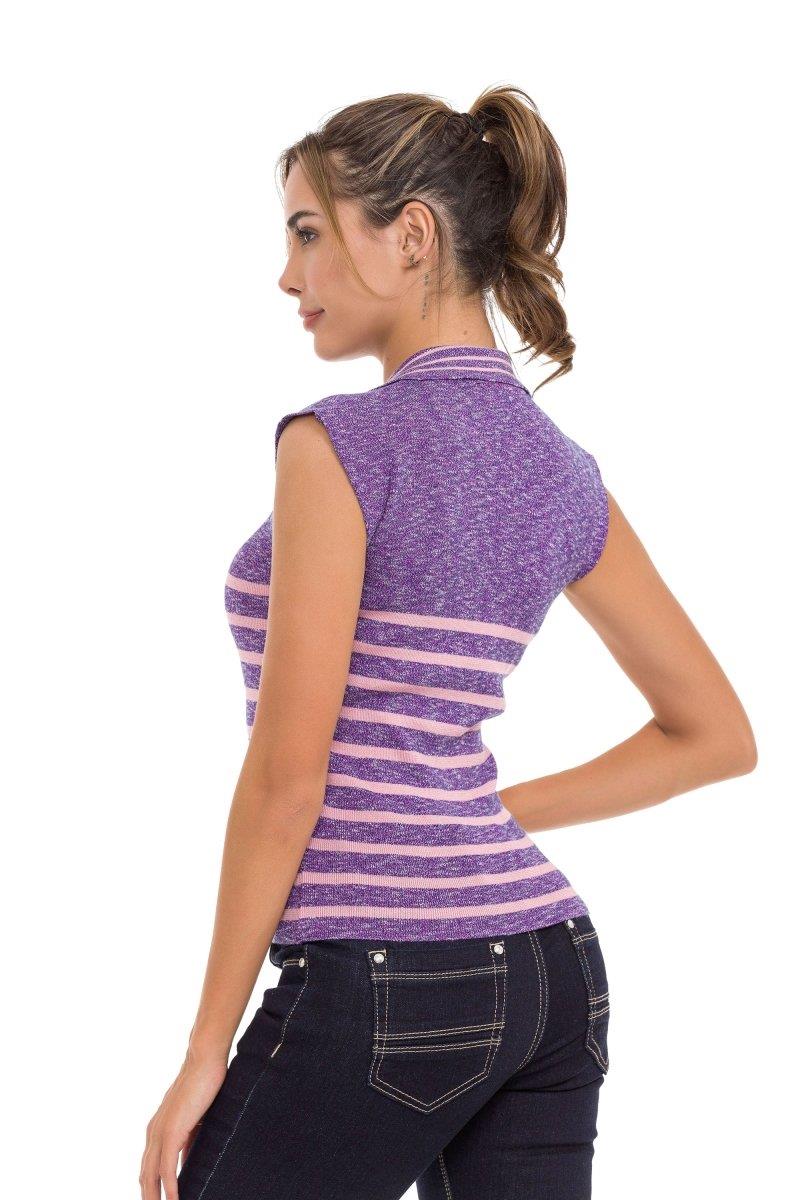 WT353 Women's T-Shirt Polo Collar Striped Knitwear
