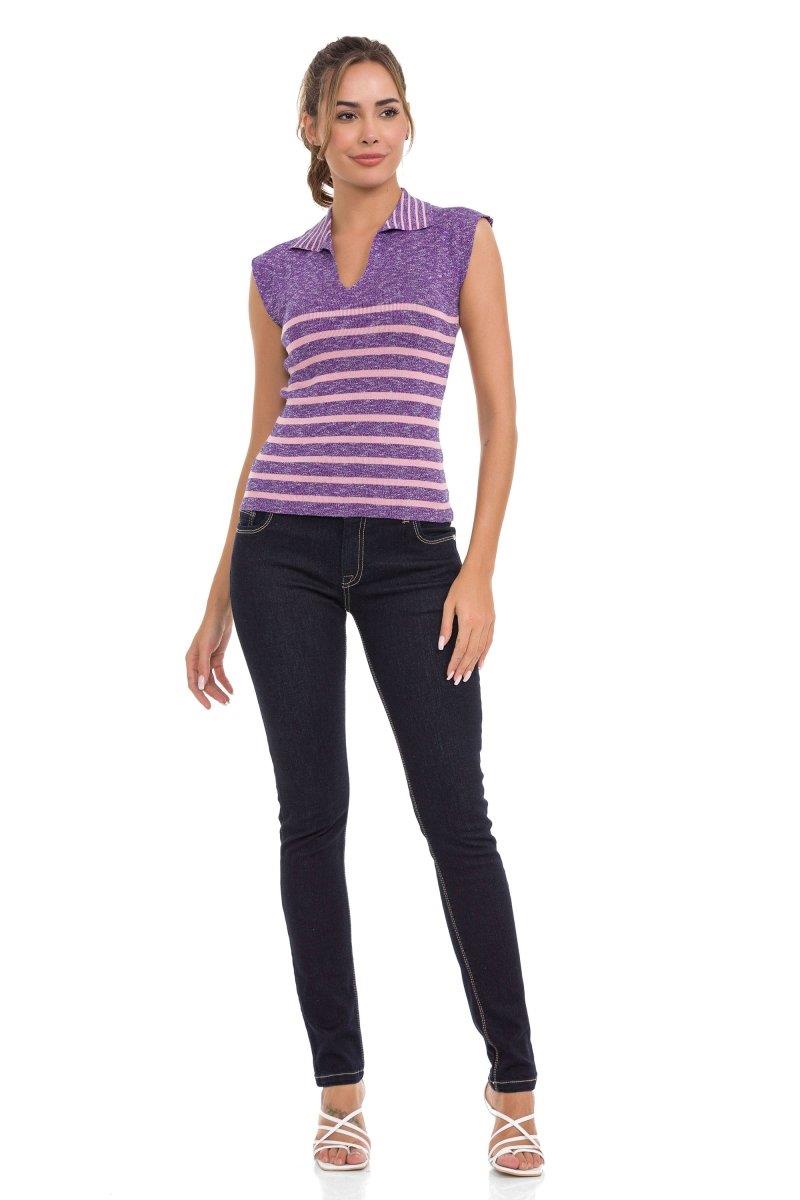 WT353 Women's T-Shirt Polo Collar Striped Knitwear